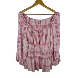 Cato Pink Plaid Blouse Size 18/20W Smocked Waist Preppy Feminine Cottage Peasant